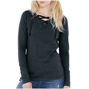Ladies Long Sleeve Lace-Up V-Neck Top Charcoal Gray Medium Cotton & Polyester Bl